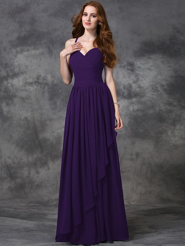 A-line/Princess Spaghetti Straps Sleeveless Long Ruffles Chiffon Bridesmaid Dresses CICIP0005431