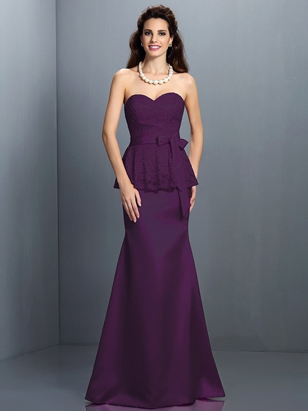 Trumpet/Mermaid Sweetheart Lace Sleeveless Long Satin Bridesmaid Dresses CICIP0005592