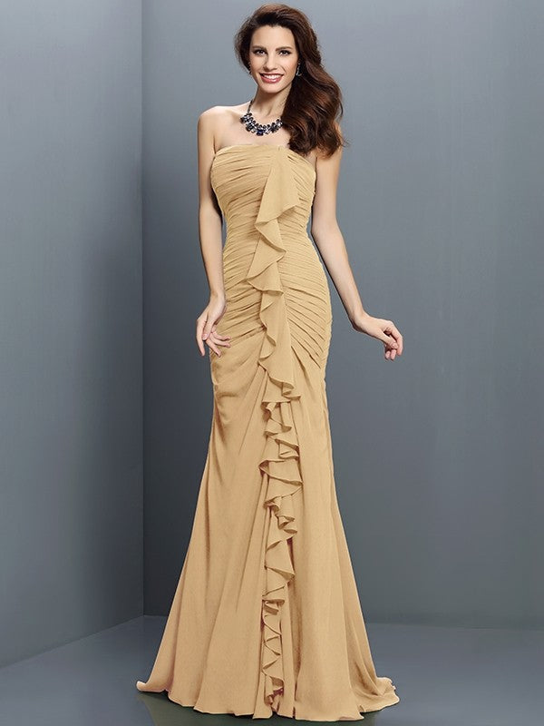 Trumpet/Mermaid Strapless Pleats Sleeveless Long Chiffon Bridesmaid Dresses CICIP0005428