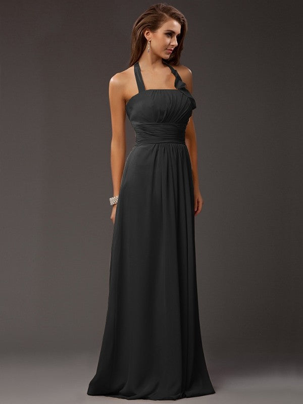 Sheath/Column Halter Sleeveless Ruffles Long Chiffon Bridesmaid Dresses CICIP0005366