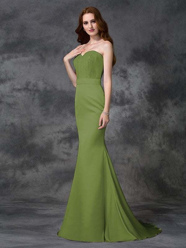 Trumpet/Mermaid Sweetheart Beading Sleeveless Long Satin Chiffon Bridesmaid Dresses CICIP0005321