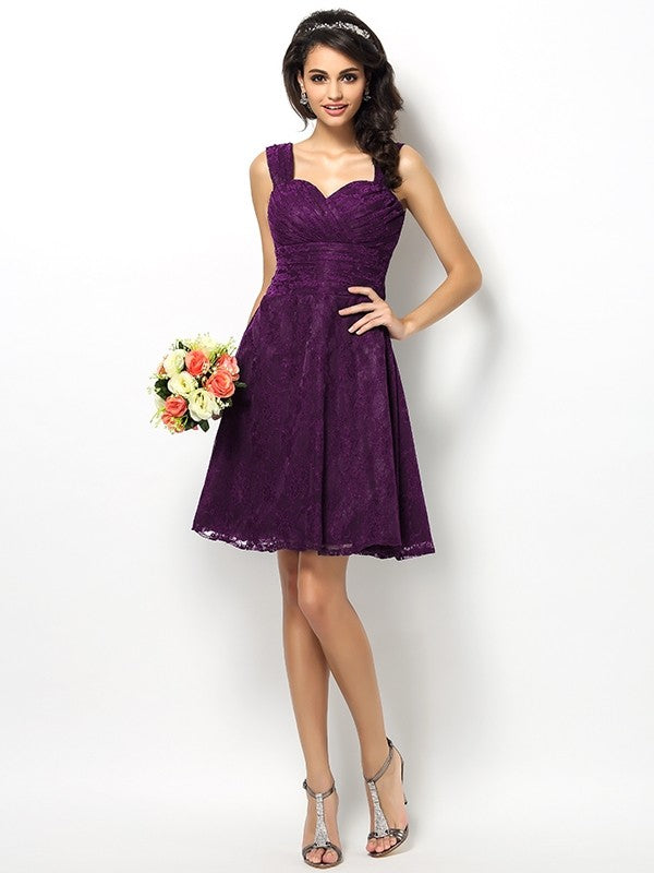 A-Line/Princess Straps Lace Sleeveless Short Bridesmaid Dresses CICIP0005042