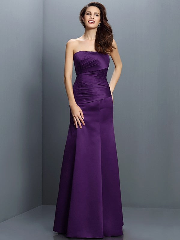 Sheath/Column Strapless Pleats Sleeveless Long Satin Bridesmaid Dresses CICIP0005635