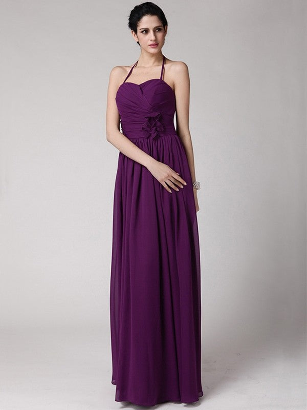 Sheath/Column Halter Sleeveless Hand-Made Flower Long Chiffon Bridesmaid Dresses CICIP0005817