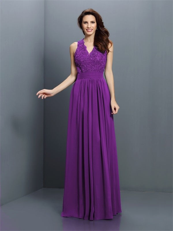 A-Line/Princess V-neck Applique Sleeveless Long Chiffon Bridesmaid Dresses CICIP0005255