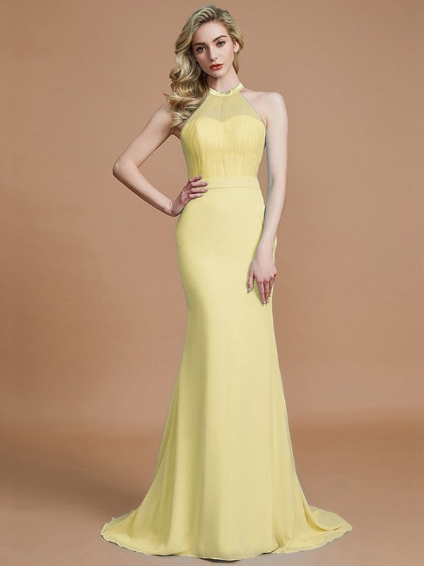 Trumpet/Mermaid Sleeveless Scoop Sweep/Brush Train Chiffon Bridesmaid Dresses CICIP0005142