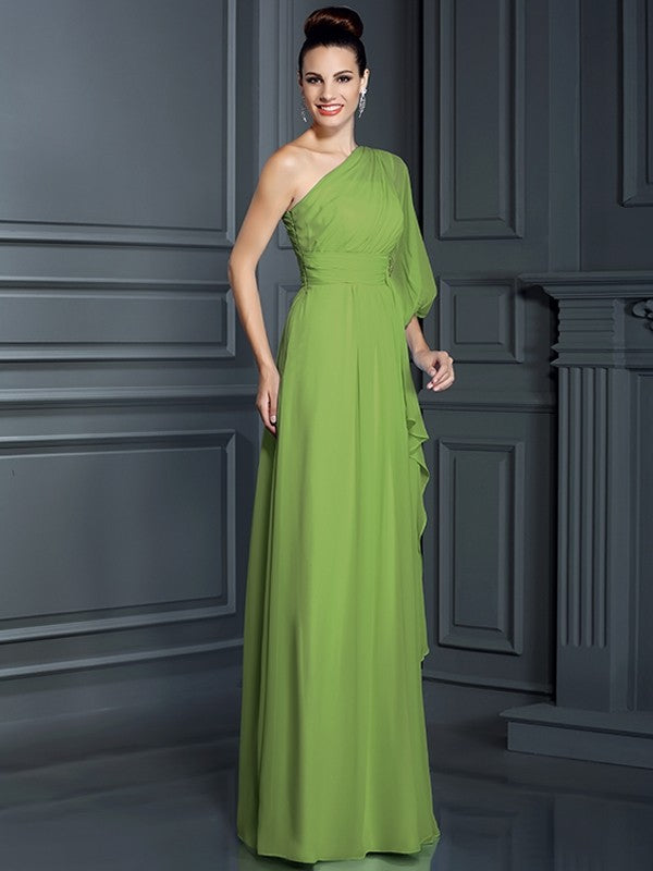 Sheath/Column One-Shoulder 3/4 Sleeves Long Chiffon Bridesmaid Dresses CICIP0005047