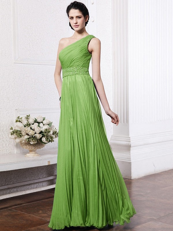 Sheath/Column One-Shoulder Sleeveless Beading Pleats Long Chiffon Bridesmaid Dresses CICIP0005588