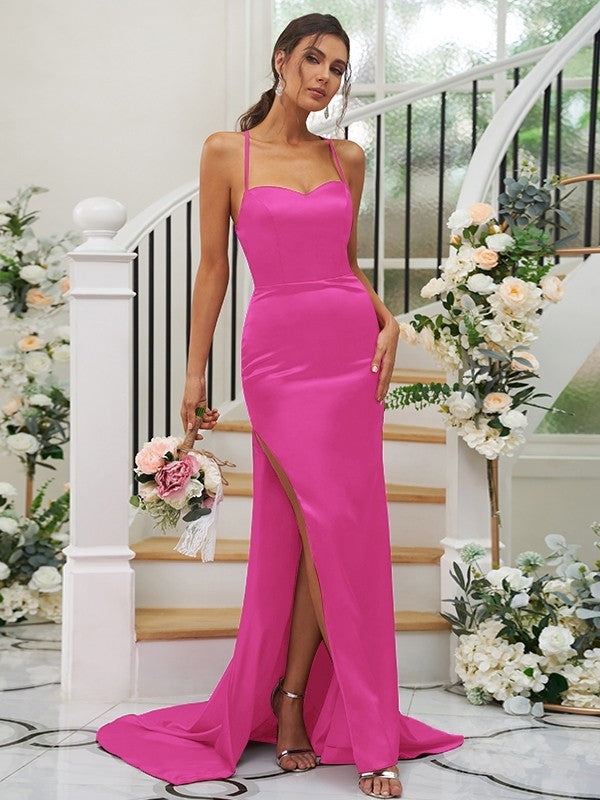 Sheath/Column Elastic Woven Satin Ruched Square Sleeveless Sweep/Brush Train Bridesmaid Dresses CICIP0004933