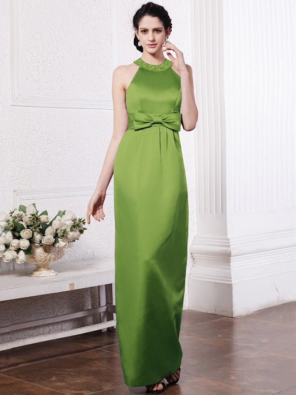 Sheath/Column Scoop Sleeveless Beading Bowknot Long Elastic Woven Satin Bridesmaid Dresses CICIP0005506