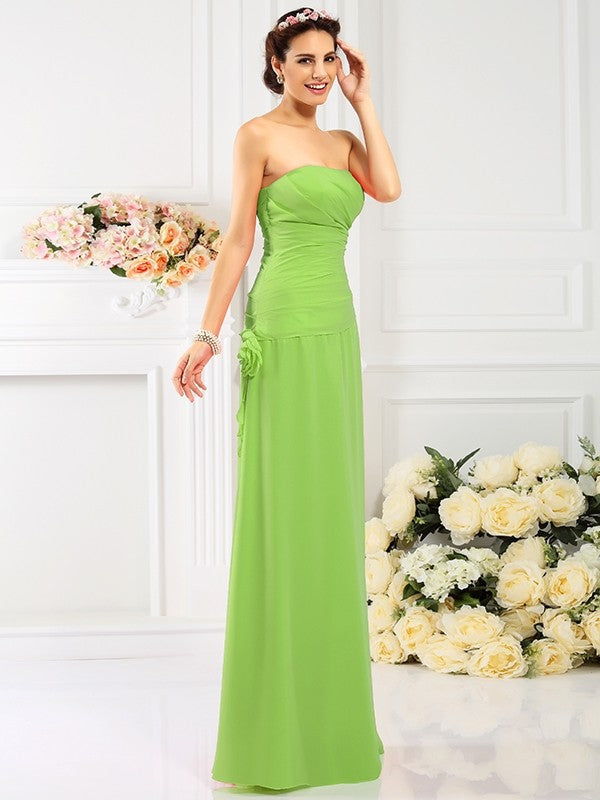 Sheath/Column Strapless Hand-Made Flower Sleeveless Long Chiffon Bridesmaid Dresses CICIP0005753