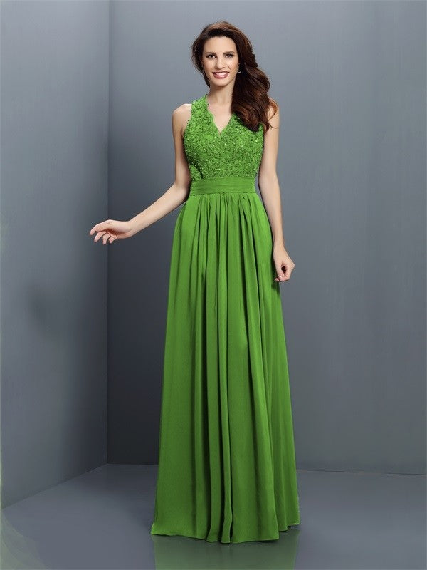 A-Line/Princess V-neck Applique Sleeveless Long Chiffon Bridesmaid Dresses CICIP0005255