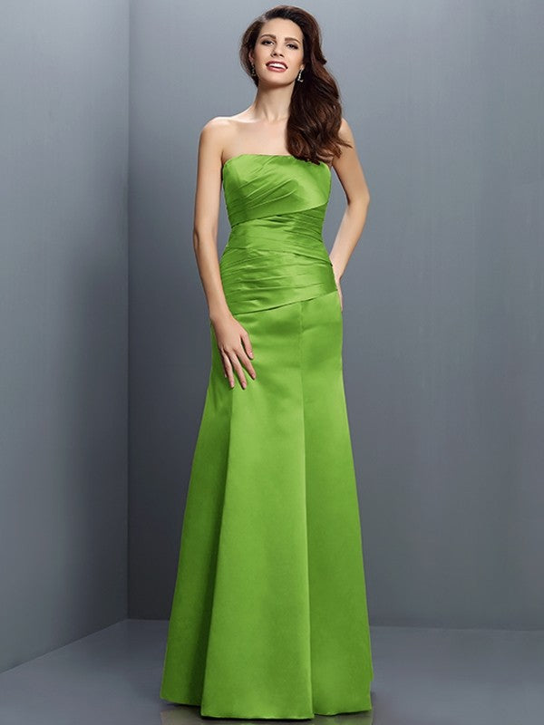 Sheath/Column Strapless Pleats Sleeveless Long Satin Bridesmaid Dresses CICIP0005635