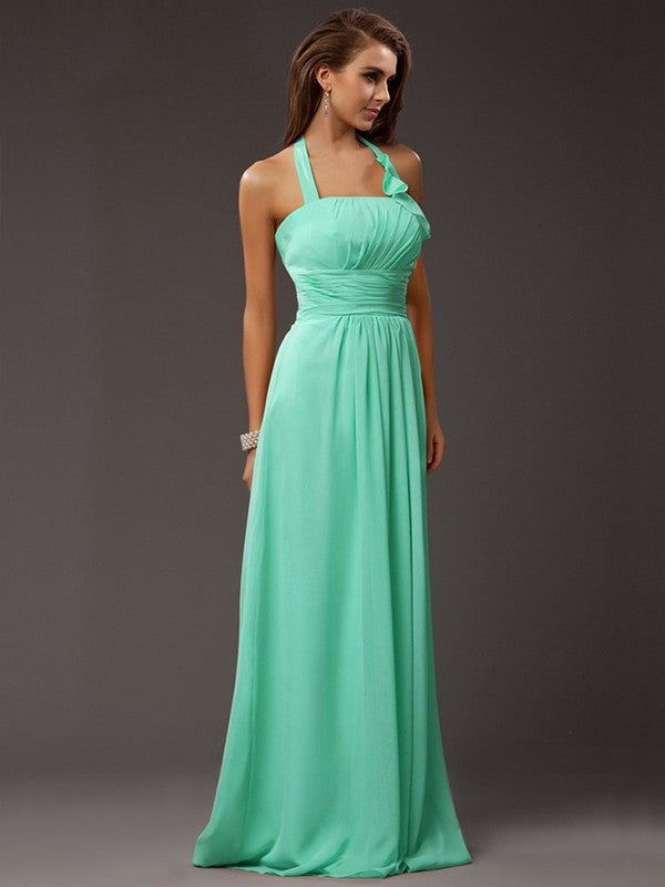 Sheath/Column Halter Sleeveless Ruffles Long Chiffon Bridesmaid Dresses CICIP0005366