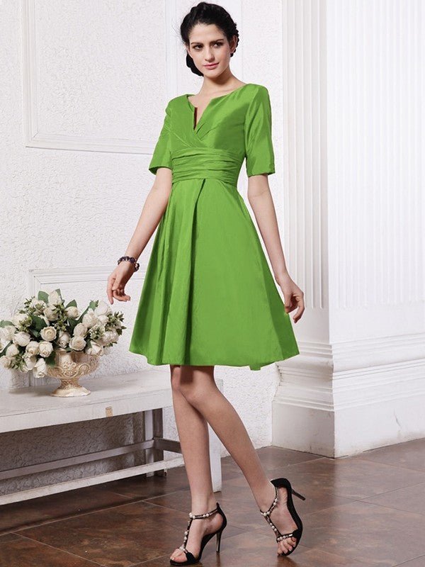 Sheath/Column V-neck Half Sleeves Pleats Taffeta Bridesmaid Dresses CICIP0005658