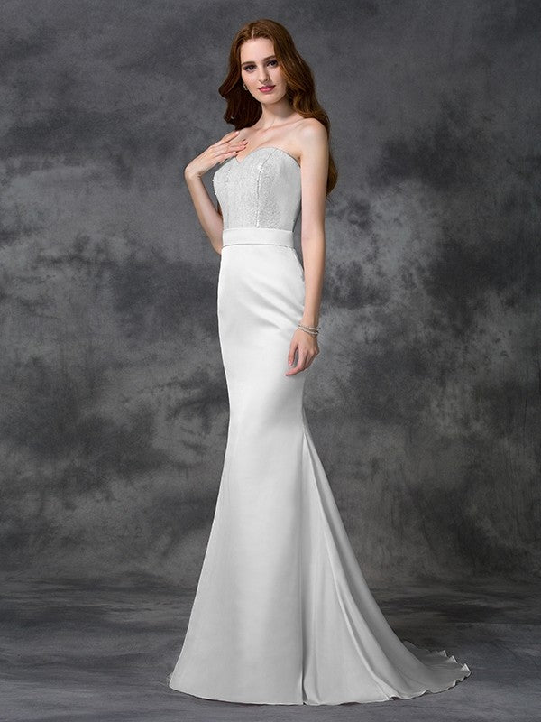 Trumpet/Mermaid Sweetheart Beading Sleeveless Long Satin Chiffon Bridesmaid Dresses CICIP0005321