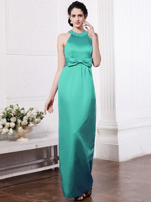 Sheath/Column Scoop Sleeveless Beading Bowknot Long Elastic Woven Satin Bridesmaid Dresses CICIP0005506