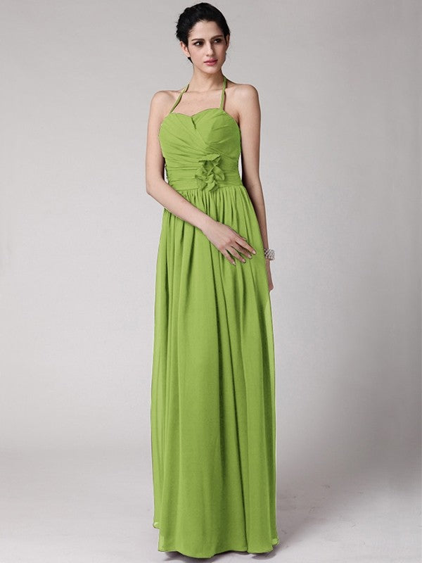 Sheath/Column Halter Sleeveless Hand-Made Flower Long Chiffon Bridesmaid Dresses CICIP0005817