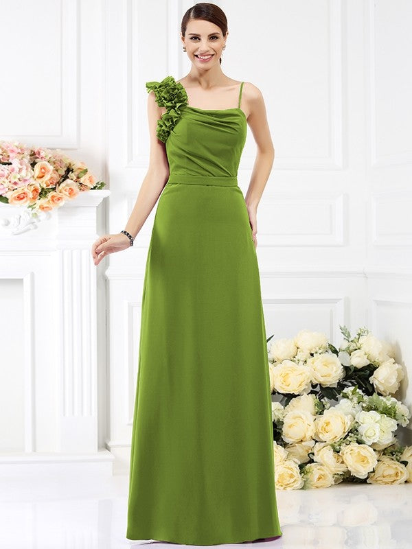 Sheath/Column Spaghetti Straps Hand-Made Flower Sleeveless Long Chiffon Bridesmaid Dresses CICIP0005774