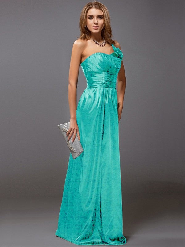 Sheath/Column One-Shoulder Sleeveless Ruffles Long Satin Bridesmaid Dresses CICIP0005611