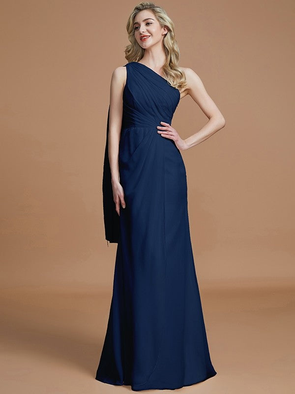 Sheath/Column One-Shoulder Sleeveless Floor-Length Chiffon Bridesmaid Dresses CICIP0005565