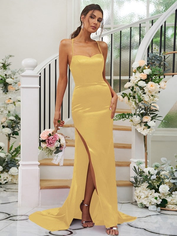 Sheath/Column Elastic Woven Satin Ruched Square Sleeveless Sweep/Brush Train Bridesmaid Dresses CICIP0004933