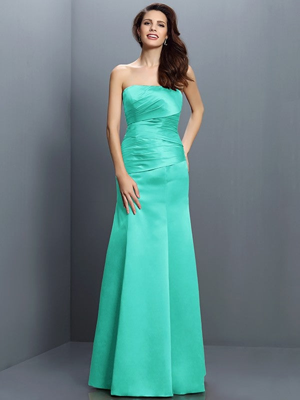 Sheath/Column Strapless Pleats Sleeveless Long Satin Bridesmaid Dresses CICIP0005635