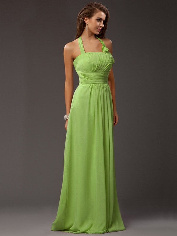 Sheath/Column Halter Sleeveless Ruffles Long Chiffon Bridesmaid Dresses CICIP0005366