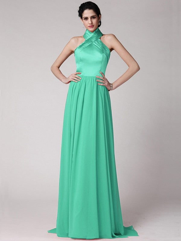 Sheath/Column Halter Sleeveless Pleats Long Elastic Woven Satin Chiffon Bridesmaid Dresses CICIP0005653