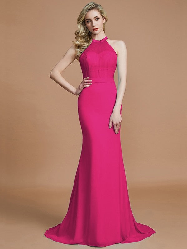 Trumpet/Mermaid Sleeveless Scoop Sweep/Brush Train Chiffon Bridesmaid Dresses CICIP0005142