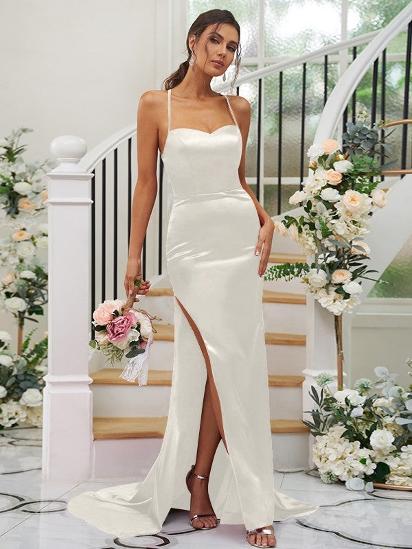 Sheath/Column Elastic Woven Satin Ruched Square Sleeveless Sweep/Brush Train Bridesmaid Dresses CICIP0004933