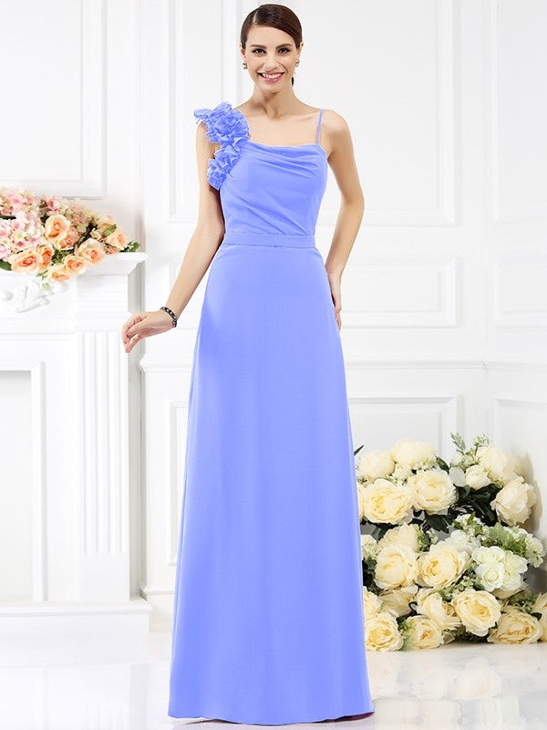 Sheath/Column Spaghetti Straps Hand-Made Flower Sleeveless Long Chiffon Bridesmaid Dresses CICIP0005774