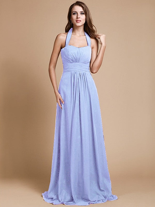 A-Line/Princess Halter Sleeveless Long Ruffles Chiffon Bridesmaid Dresses CICIP0005483