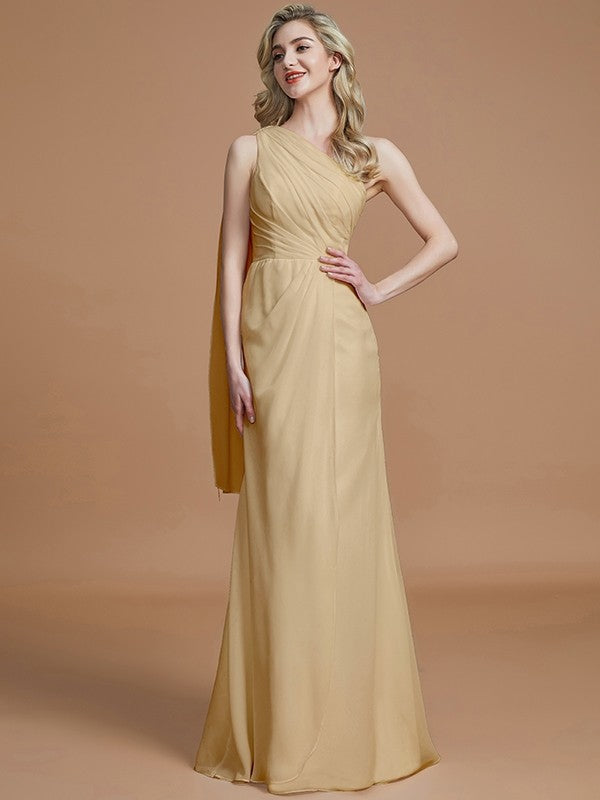 Sheath/Column One-Shoulder Sleeveless Floor-Length Chiffon Bridesmaid Dresses CICIP0005565