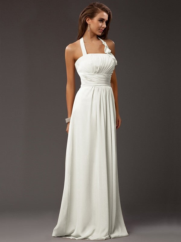 Sheath/Column Halter Sleeveless Ruffles Long Chiffon Bridesmaid Dresses CICIP0005366