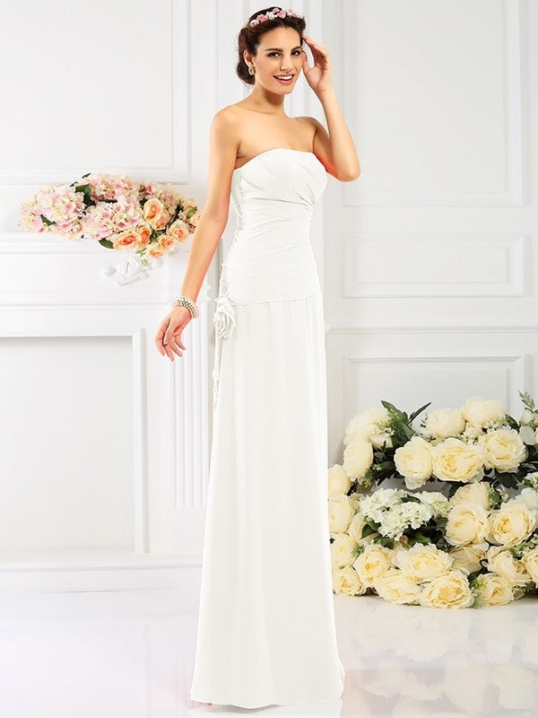 Sheath/Column Strapless Hand-Made Flower Sleeveless Long Chiffon Bridesmaid Dresses CICIP0005753