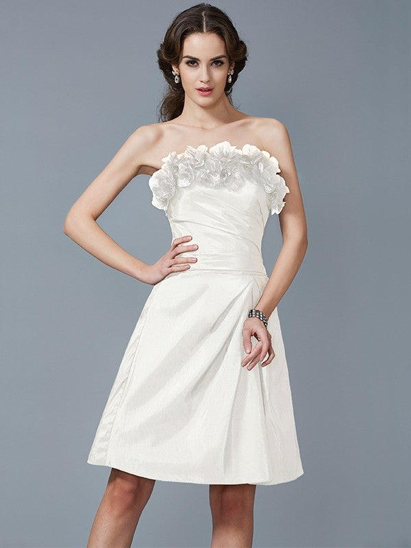 Sheath/Column Strapless Sleeveless Hand-Made Flower Short Taffeta Bridesmaid Dresses CICIP0005868