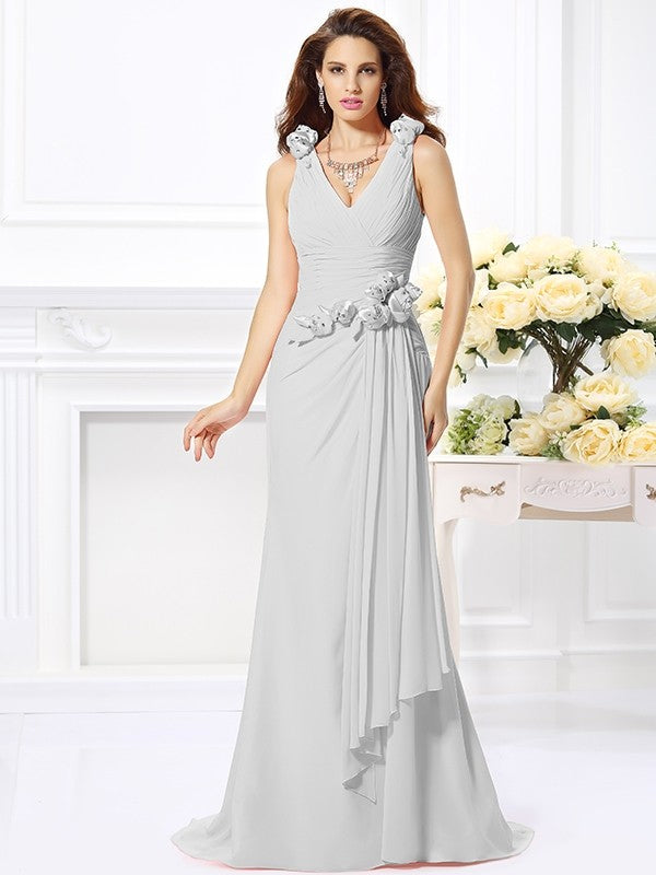 Trumpet/Mermaid V-neck Hand-Made Flower Sleeveless Long Chiffon Bridesmaid Dresses CICIP0005122