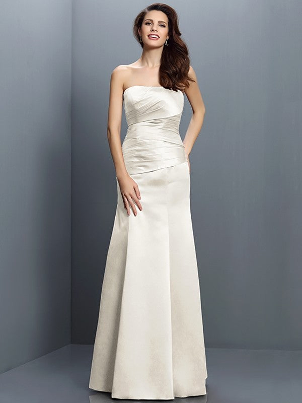 Sheath/Column Strapless Pleats Sleeveless Long Satin Bridesmaid Dresses CICIP0005635