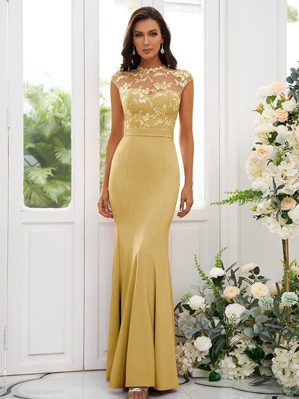 Trumpet/Mermaid Charmeuse Applique High Neck Sleeveless Floor-Length Bridesmaid Dresses CICIP0004924