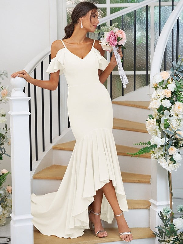 Trumpet/Mermaid Jersey Ruffles V-neck Sleeveless Asymmetrical Bridesmaid Dresses CICIP0004937