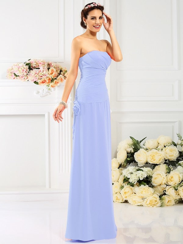 Sheath/Column Strapless Hand-Made Flower Sleeveless Long Chiffon Bridesmaid Dresses CICIP0005753