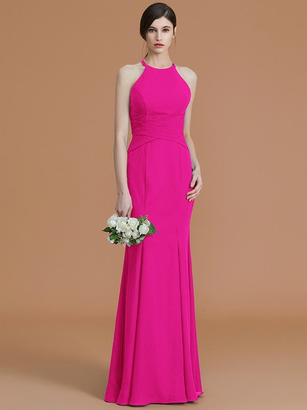 Trumpet/Mermaid Halter Sleeveless Floor-Length Ruched Chiffon Bridesmaid Dresses CICIP0005544