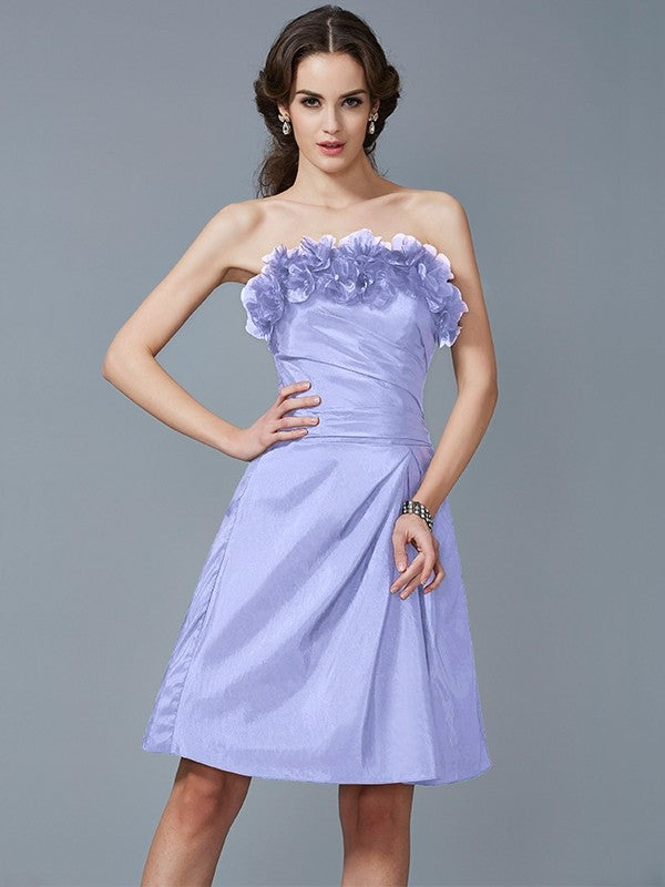 Sheath/Column Strapless Sleeveless Hand-Made Flower Short Taffeta Bridesmaid Dresses CICIP0005868