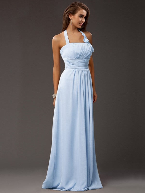 Sheath/Column Halter Sleeveless Ruffles Long Chiffon Bridesmaid Dresses CICIP0005366