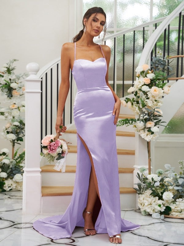 Sheath/Column Elastic Woven Satin Ruched Square Sleeveless Sweep/Brush Train Bridesmaid Dresses CICIP0004933