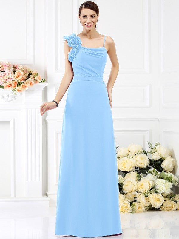 Sheath/Column Spaghetti Straps Hand-Made Flower Sleeveless Long Chiffon Bridesmaid Dresses CICIP0005774