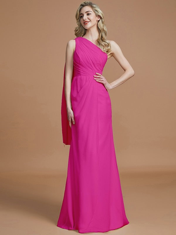 Sheath/Column One-Shoulder Sleeveless Floor-Length Chiffon Bridesmaid Dresses CICIP0005565