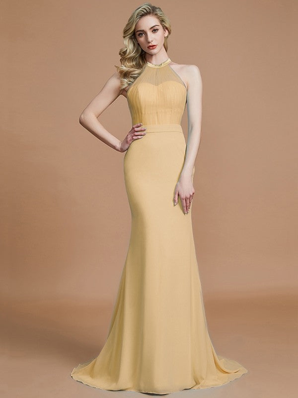 Trumpet/Mermaid Sleeveless Scoop Sweep/Brush Train Chiffon Bridesmaid Dresses CICIP0005142