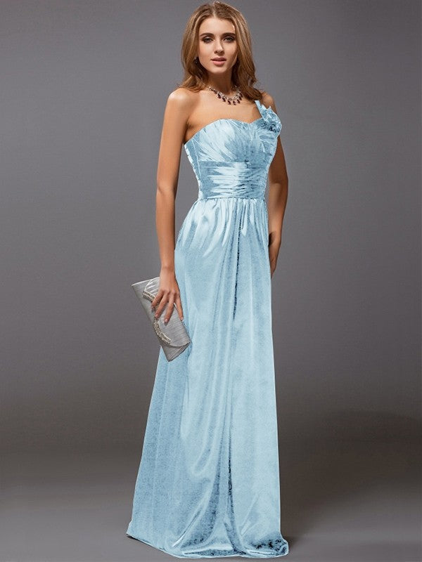 Sheath/Column One-Shoulder Sleeveless Ruffles Long Satin Bridesmaid Dresses CICIP0005611